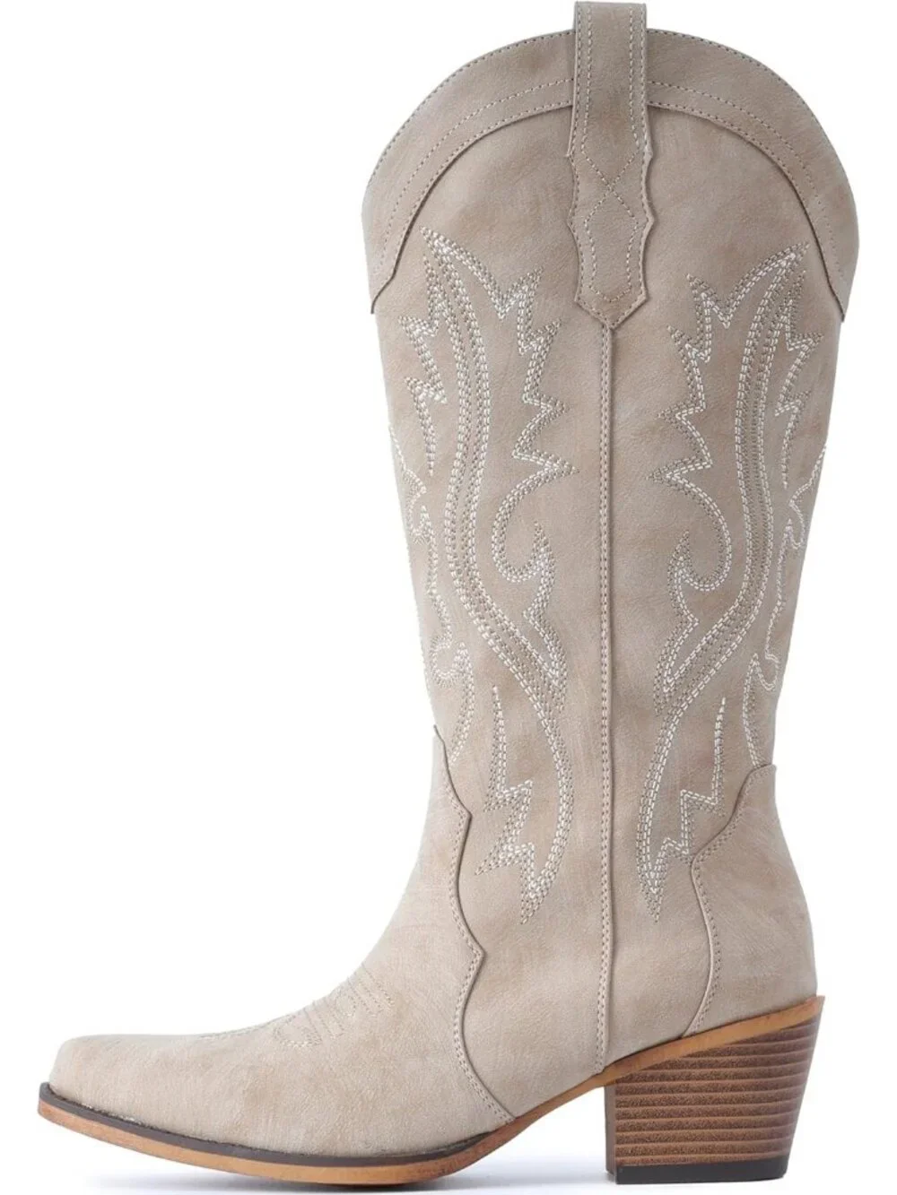 Women's Beige Rubber Mid Calf Embroidered Stitched Pointed Toe Chunky Heel Boots - Picture 4 of 5